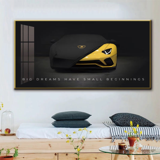 Yellow Lamborghini Motivation Wall Art - Big Dreams Small Beginnings -