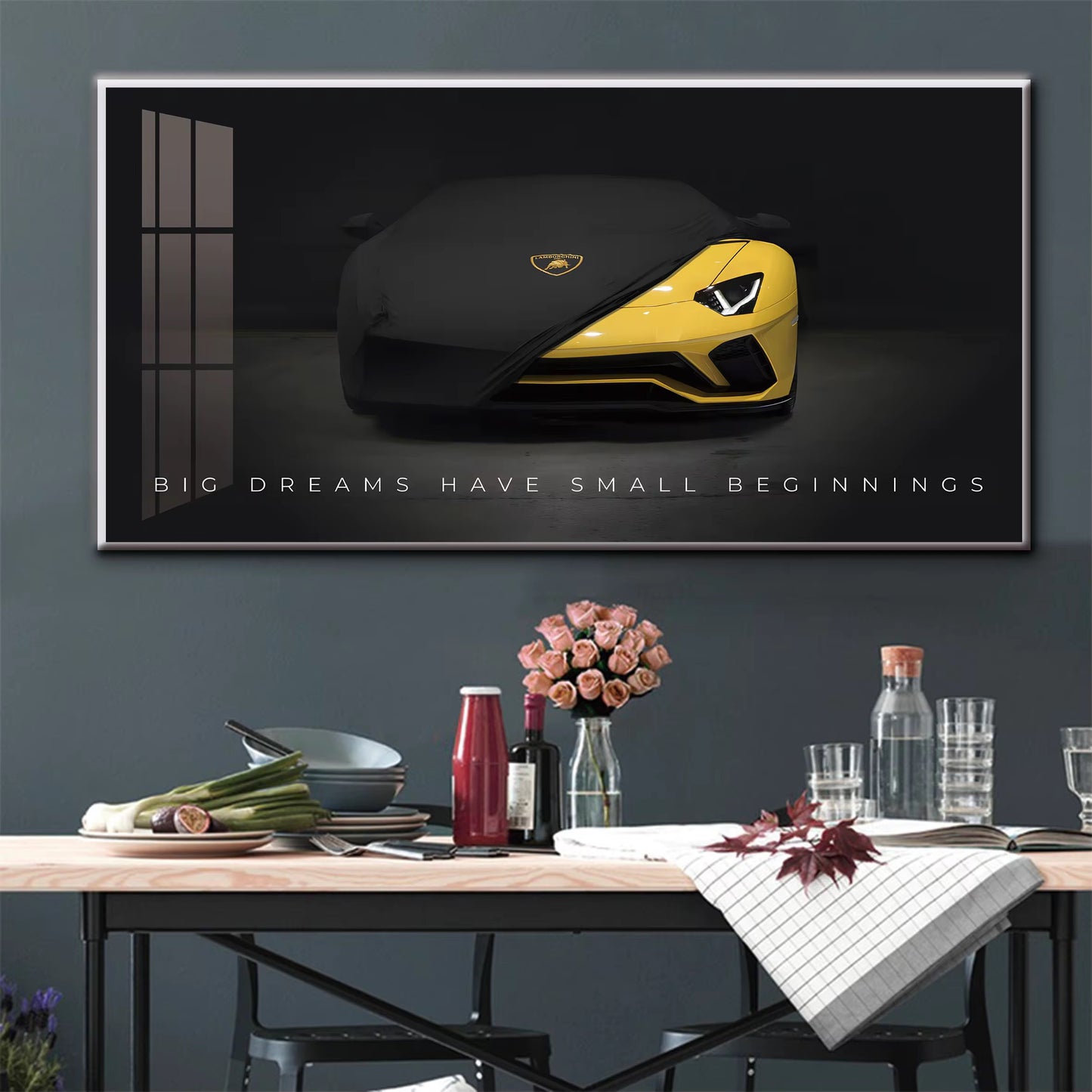 Yellow Lamborghini Motivation Wall Art - Big Dreams Small Beginnings -