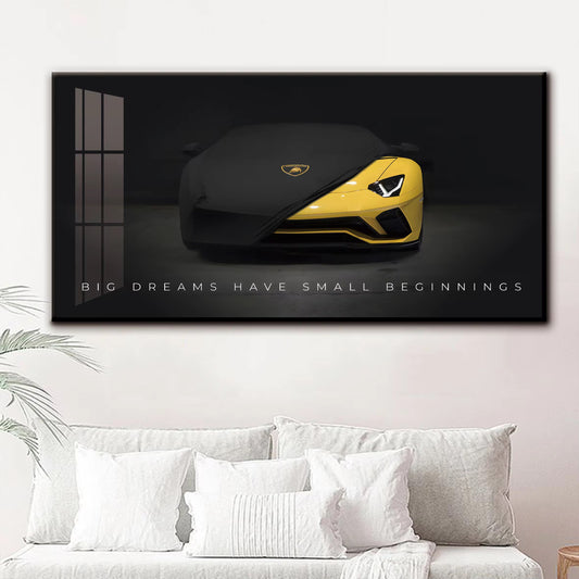Yellow Lamborghini Motivation Wall Art - Big Dreams Small Beginnings -
